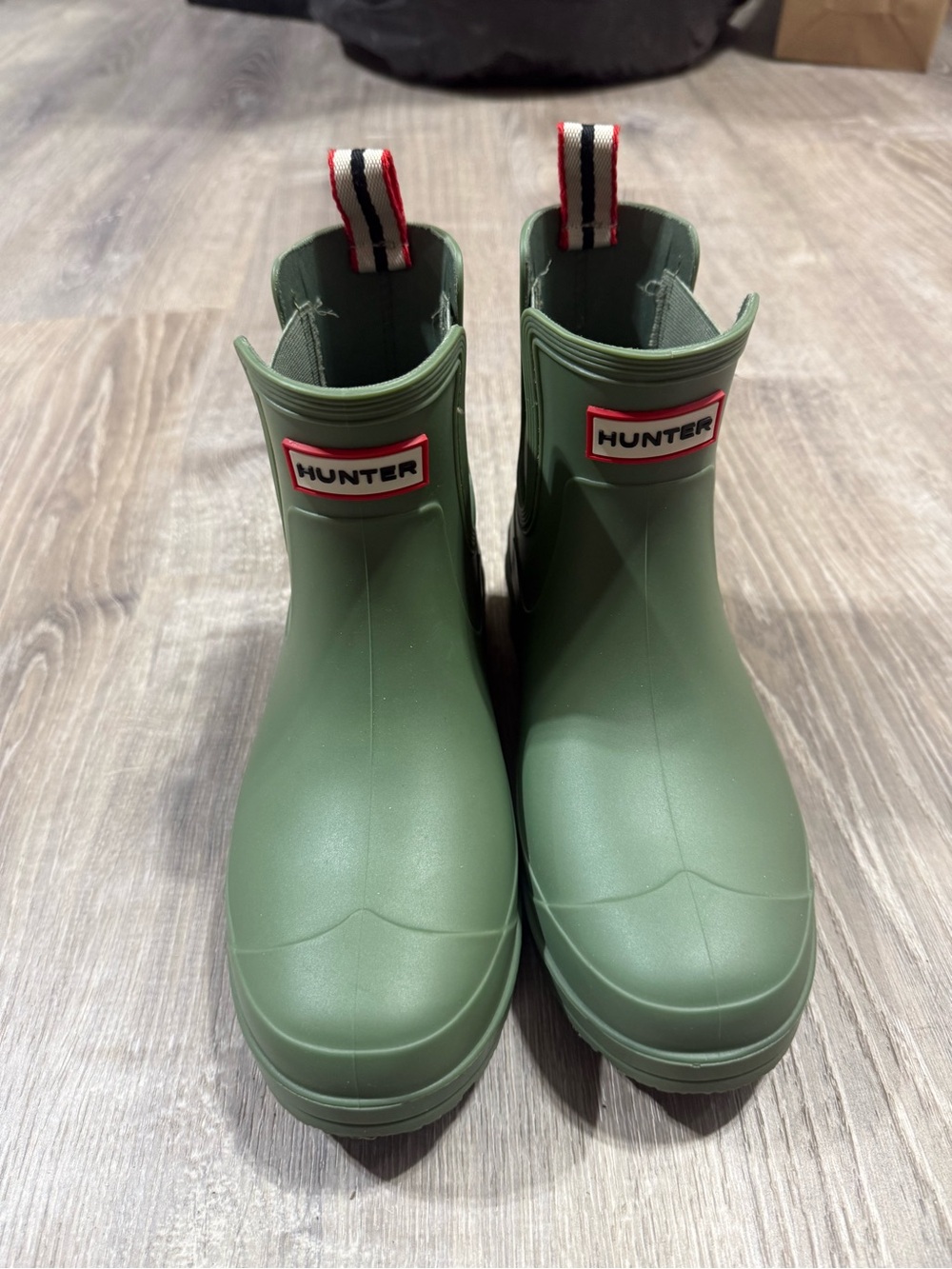 Hunter Olive Green Short Waterproof Rain Boots with Red-Trim Logo